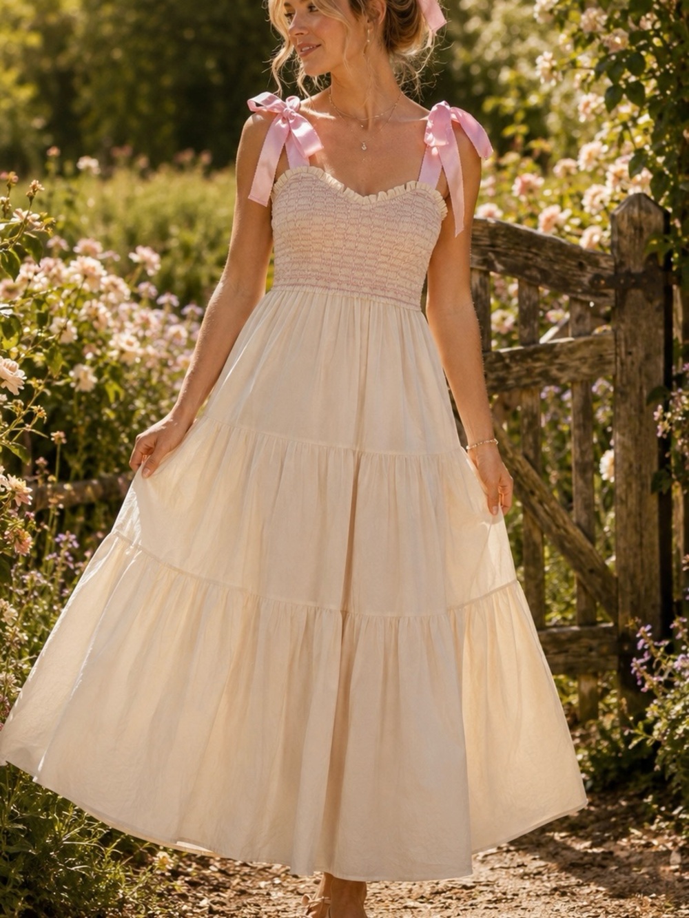 Impressions Cream Tiered Maxi Dress with Pink Ribbon Straps